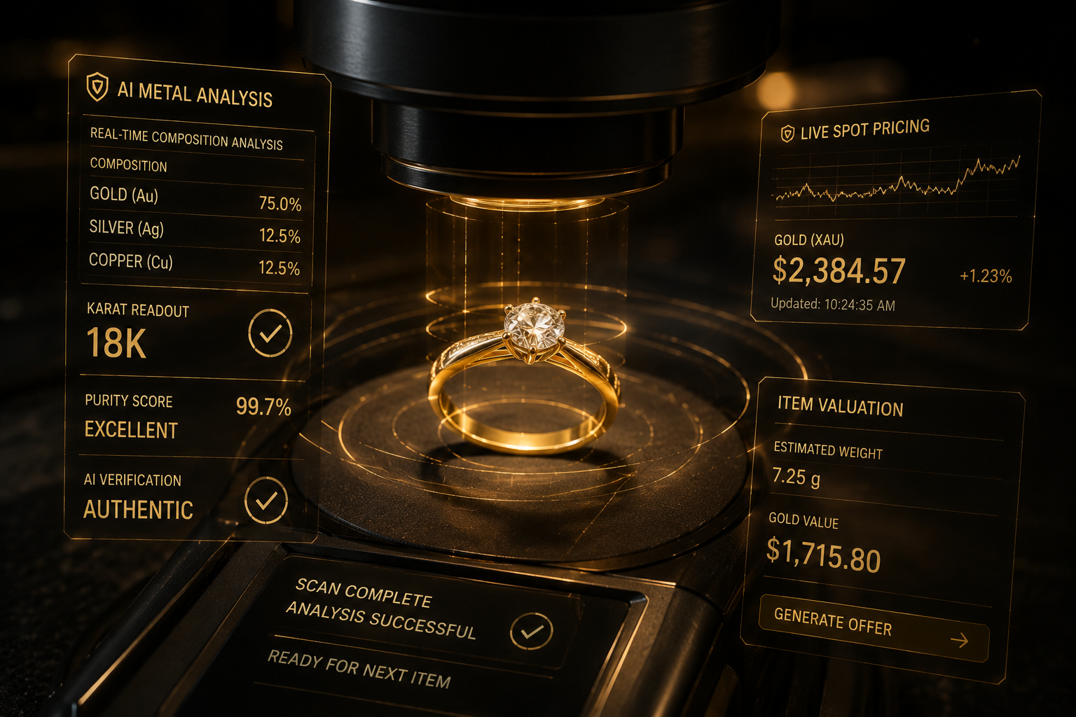 AI metal analysis rendering for gold and jewelry evaluation.