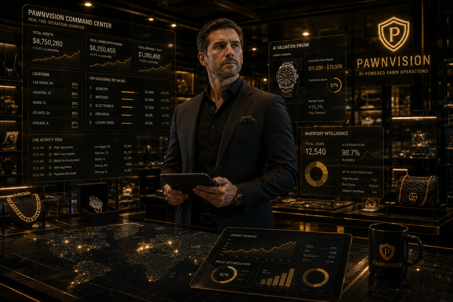 PawnVision OS command center concept showing executive analytics and operating intelligence.