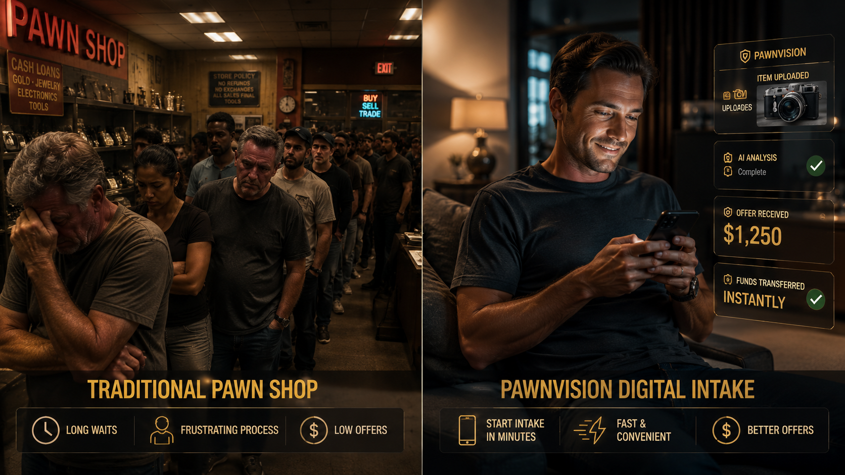 Traditional pawn shop wait compared with PawnVision digital intake convenience.