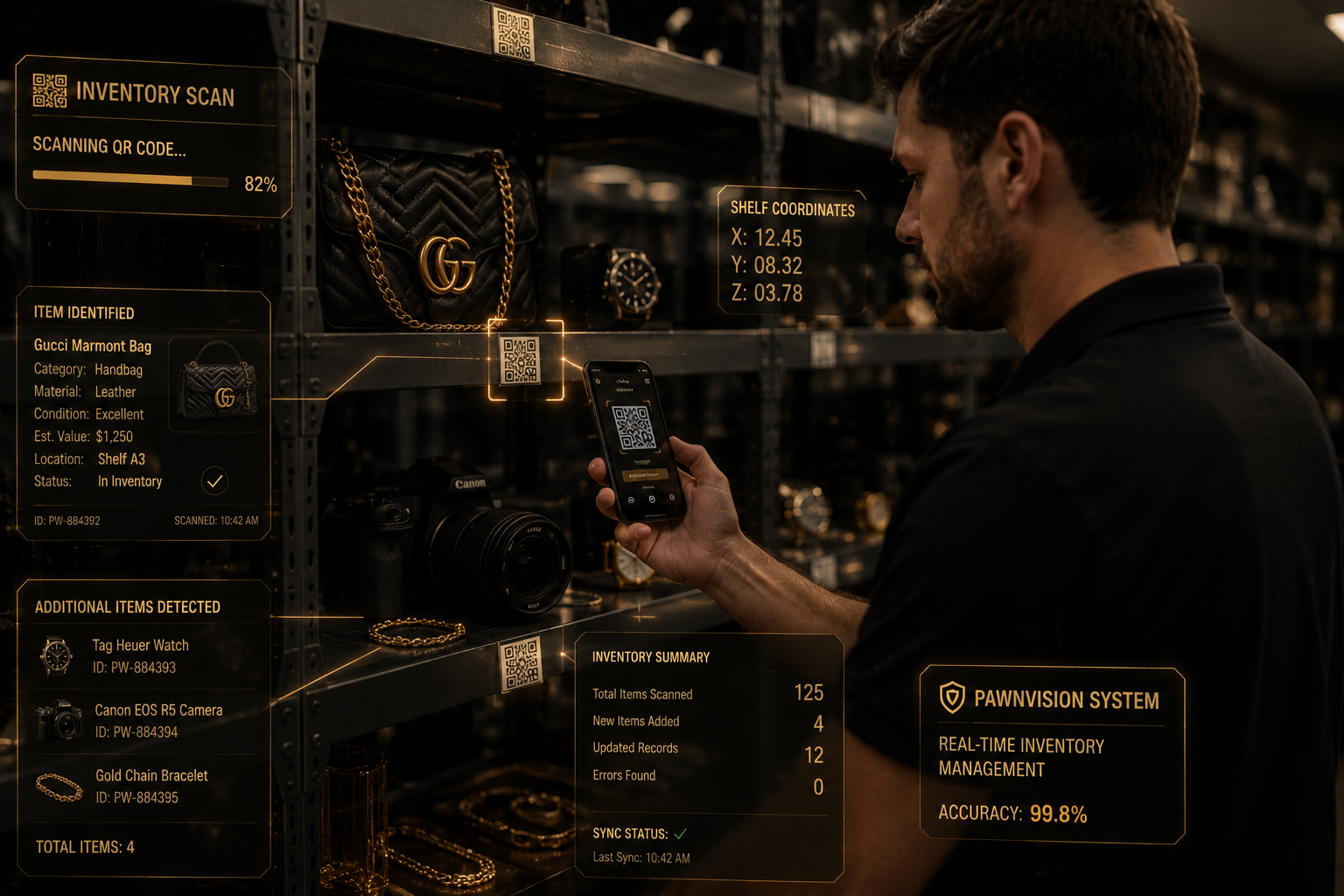 Warehouse-style inventory scan workflow with QR mapping and item identification.