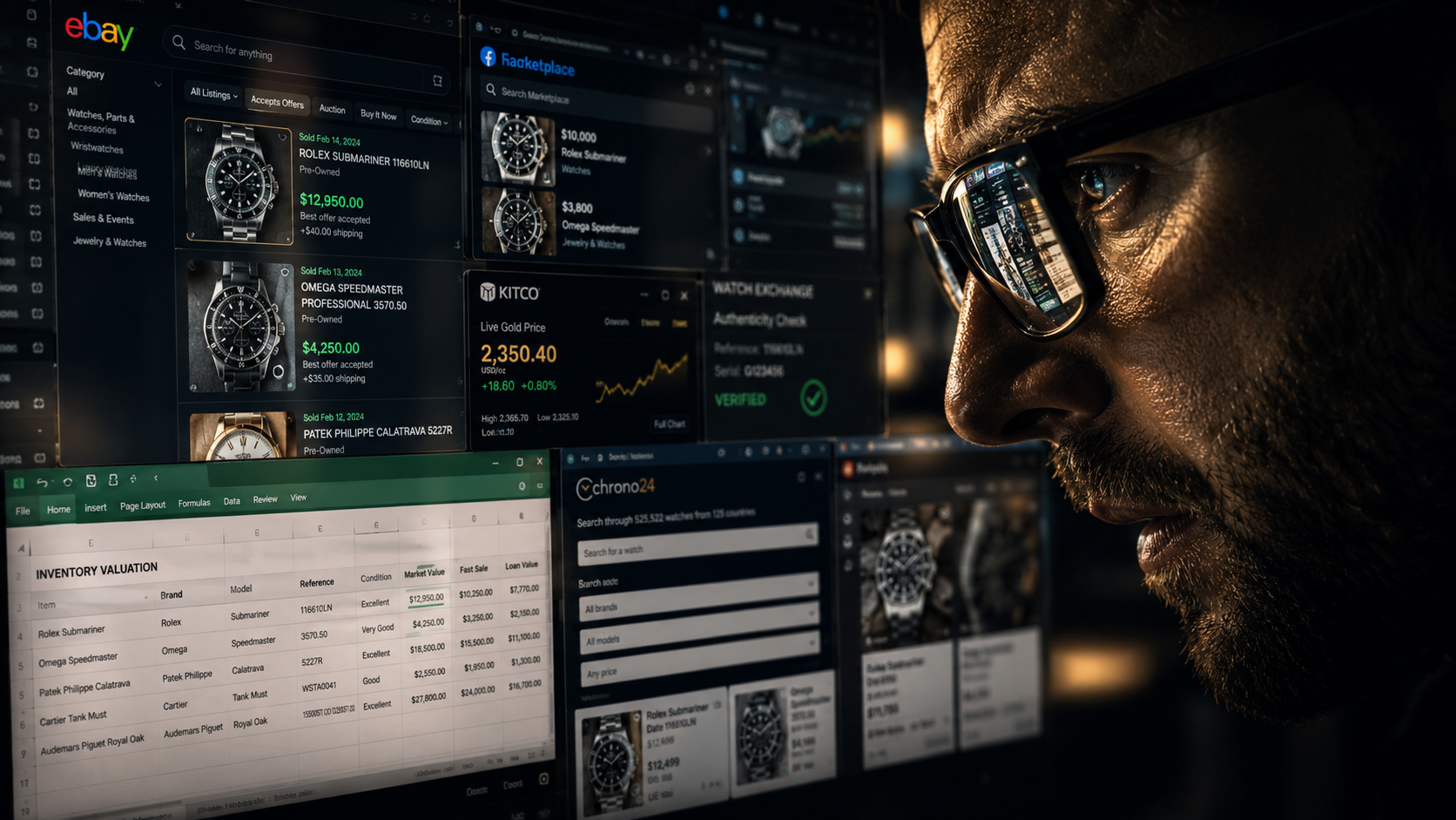 Market intelligence workspace showing comparable listings, valuation tables, and authentication panels.